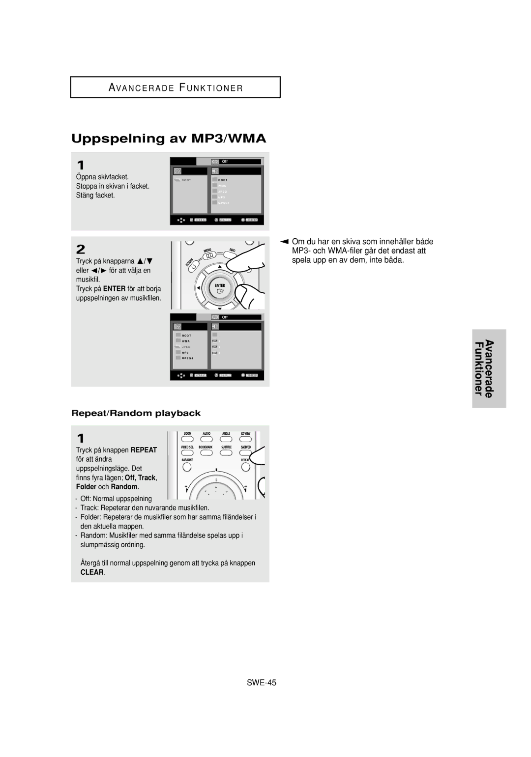 Samsung DVD-P650K/XEE manual Uppspelning av MP3/WMA, Repeat/Random playback, Clear 