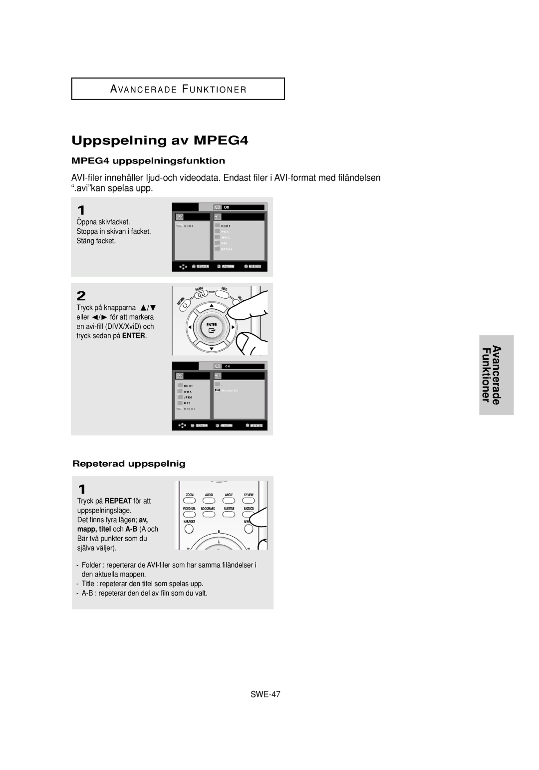 Samsung DVD-P650K/XEE manual Uppspelning av MPEG4, MPEG4 uppspelningsfunktion, Repeterad uppspelnig 