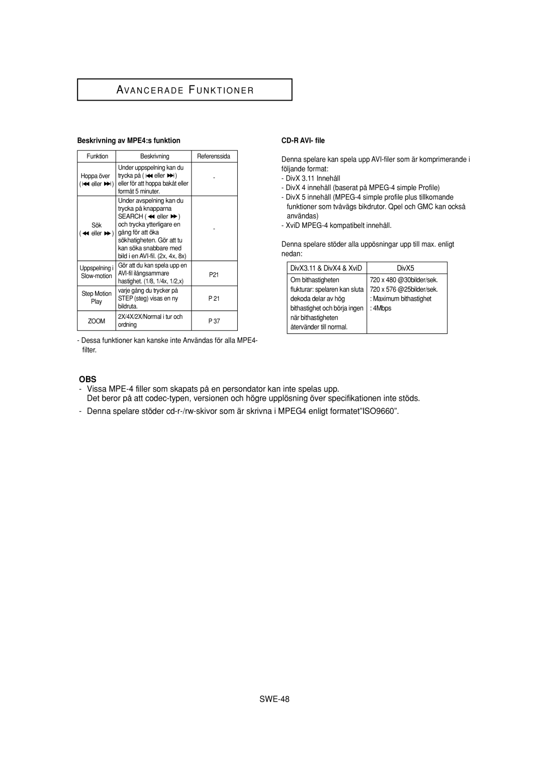 Samsung DVD-P650K/XEE manual Beskrivning av MPE4s funktion, CD-R AVI- file, DivX5 