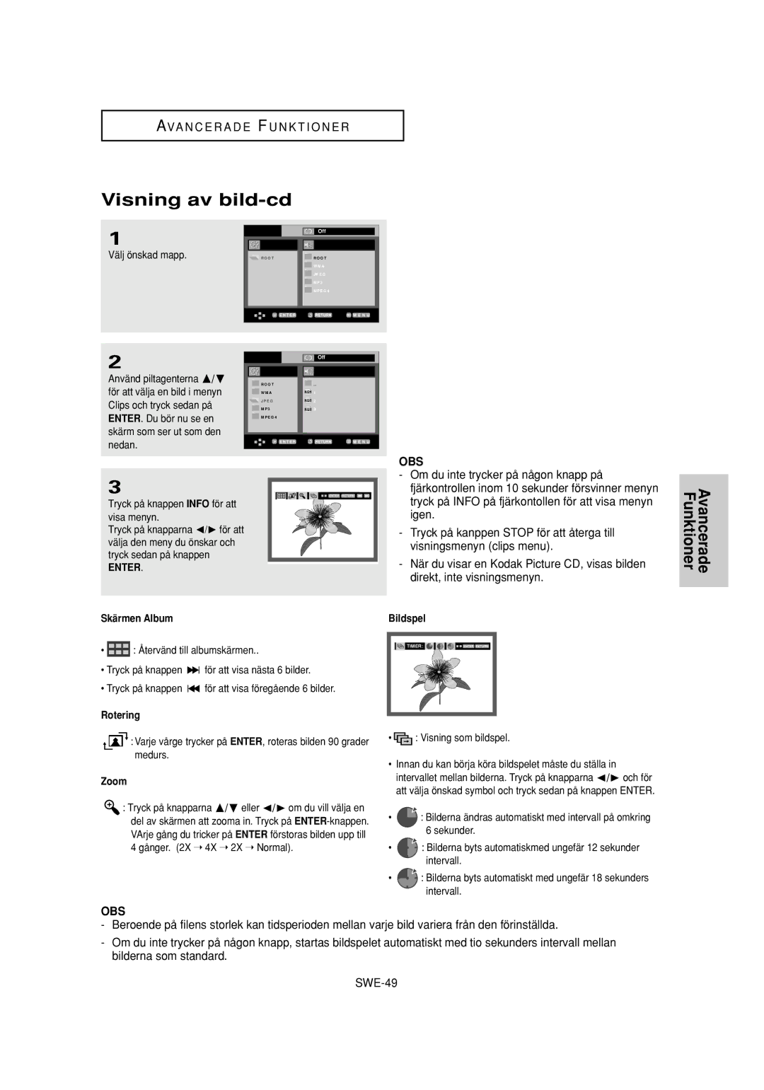 Samsung DVD-P650K/XEE manual Visning av bild-cd, Skärmen Album, Rotering, Zoom, Bildspel 