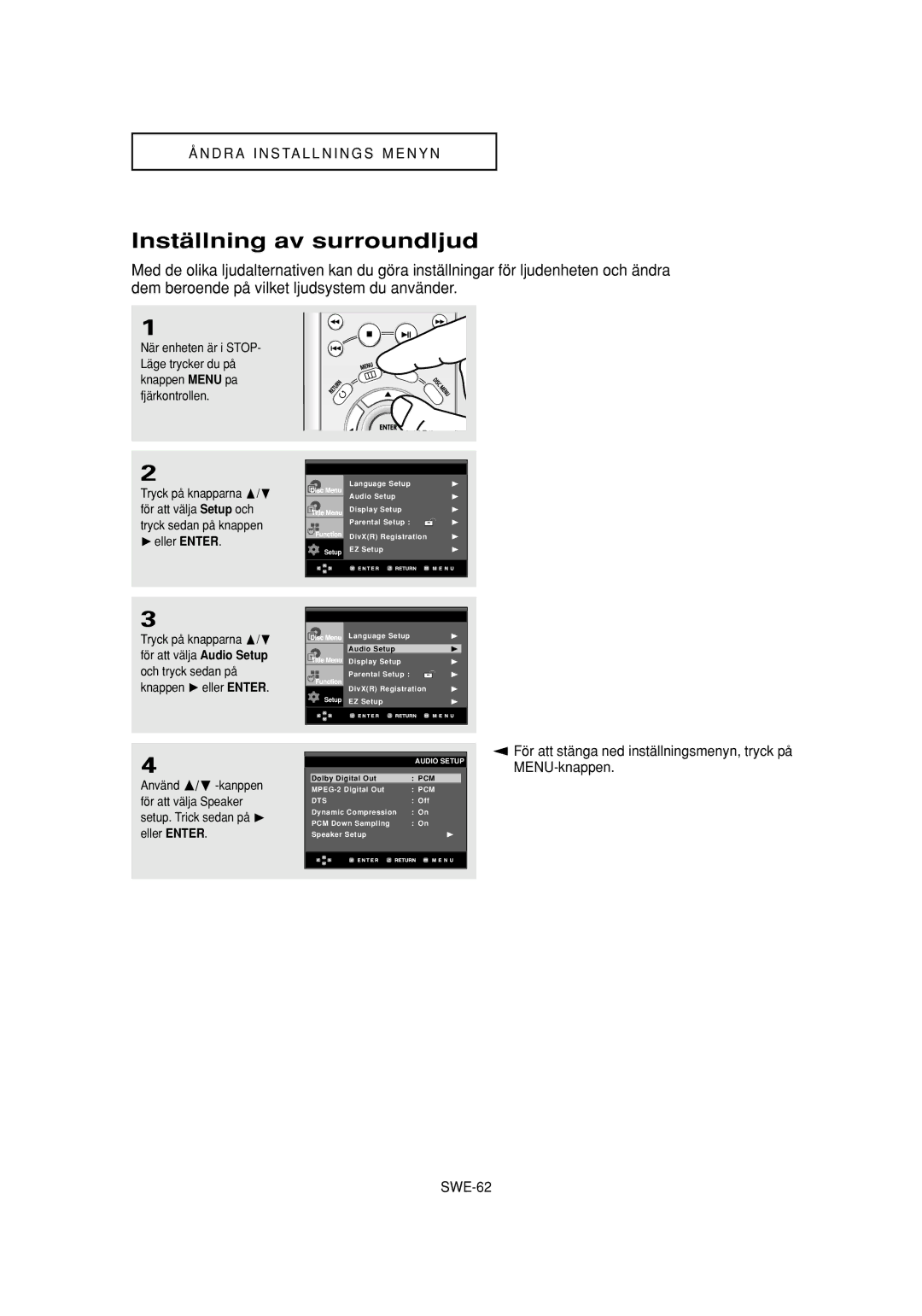 Samsung DVD-P650K/XEE manual Inställning av surroundljud, Eller Enter 