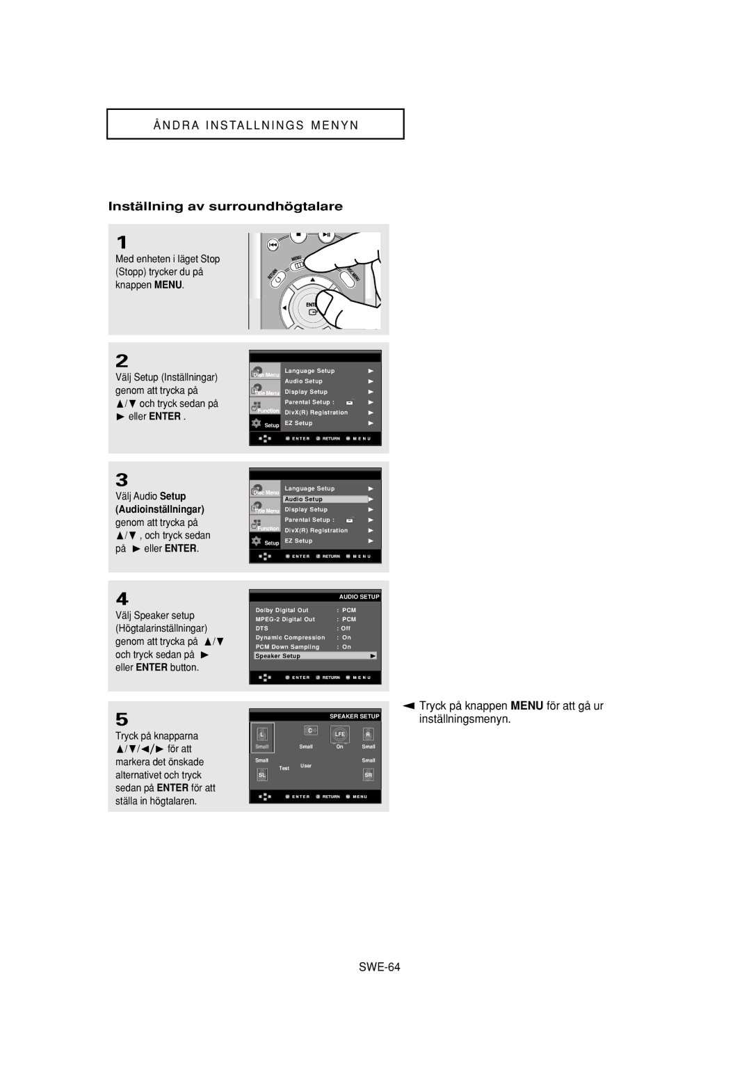 Samsung DVD-P650K/XEE manual Inställning av surroundhögtalare, ❿ eller Enter Välj Audio Setup, Audioinställningar 