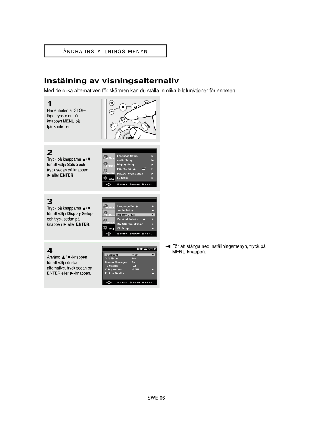 Samsung DVD-P650K/XEE manual Instälning av visningsalternativ 