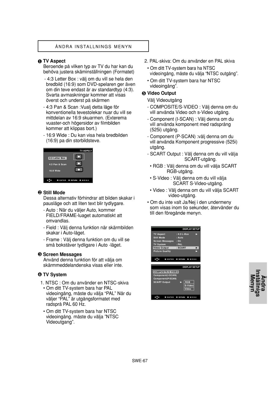 Samsung DVD-P650K/XEE manual ❶ TV Aspect, ❷ Still Mode, ❸ Screen Messages, ❹ TV System, ❺ Video Output 