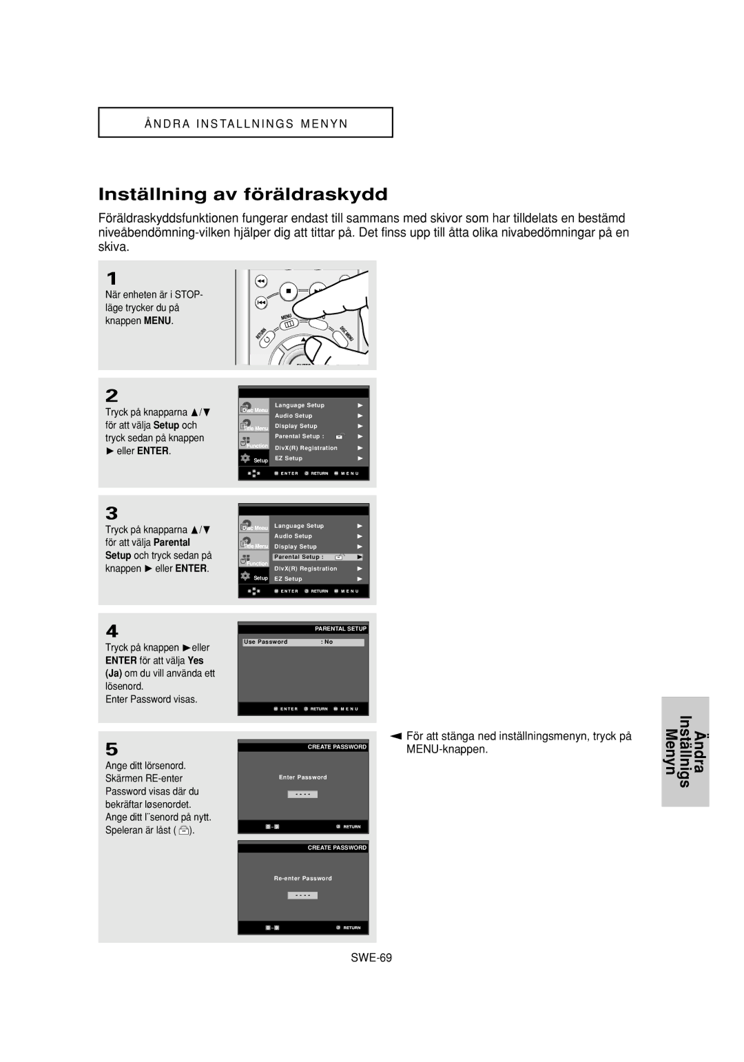 Samsung DVD-P650K/XEE manual Inställning av föräldraskydd, Enter Password visas 