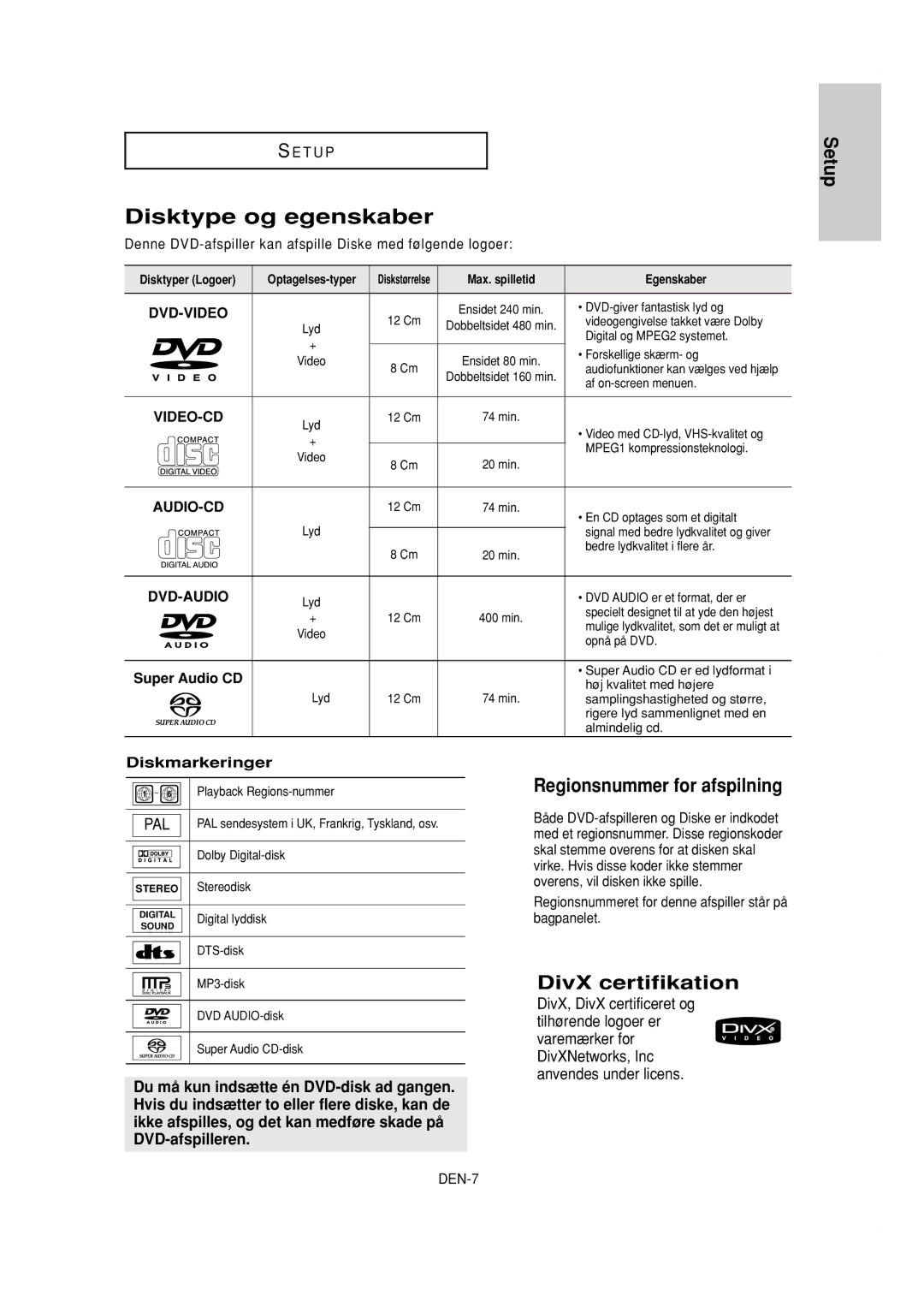 Samsung DVD-P650K/XEE manual Disktype og egenskaber, Diskmarkeringer, Max. spilletid Egenskaber 