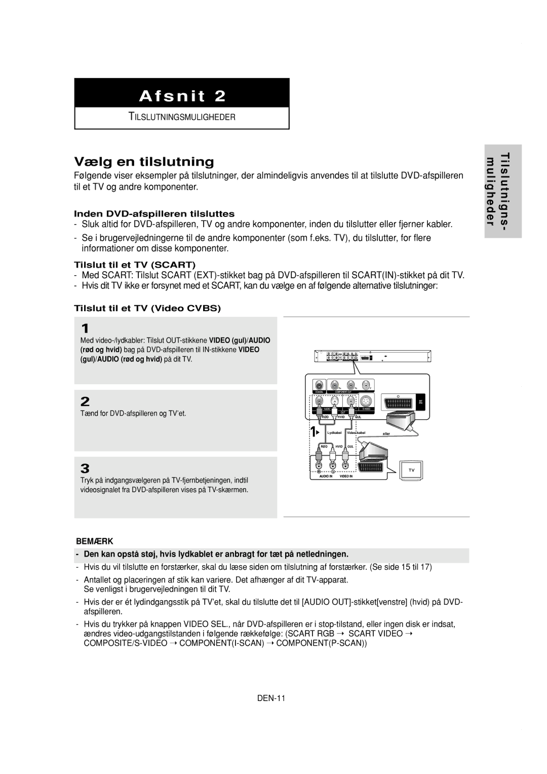 Samsung DVD-P650K/XEE manual Vælg en tilslutning, Inden DVD-afspilleren tilsluttes, Tilslut til et TV Scart 