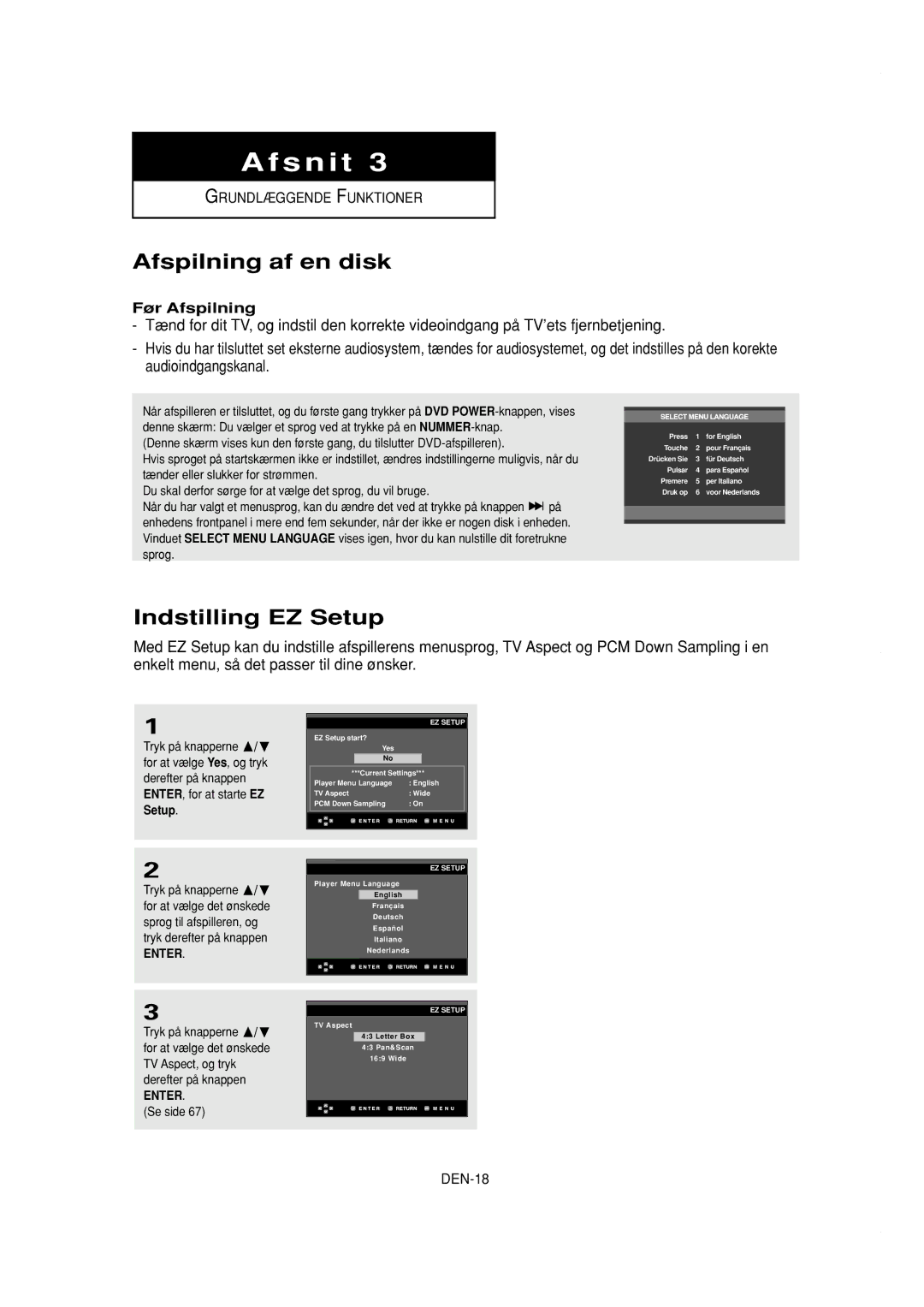 Samsung DVD-P650K/XEE manual Afspilning af en disk, Indstilling EZ Setup, Før Afspilning, ENTER. Se side 