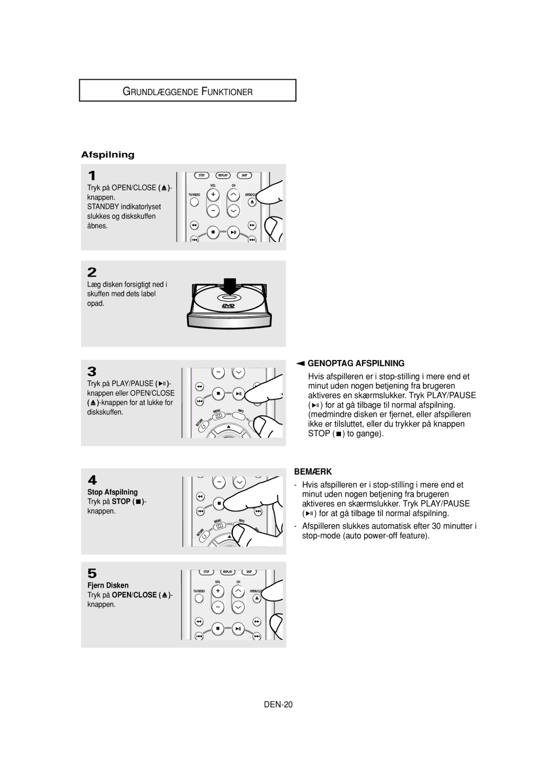 Samsung DVD-P650K/XEE manual Stop Afspilning, Tryk på Stop knappen, Fjern Disken Tryk på OPEN/CLOSE 