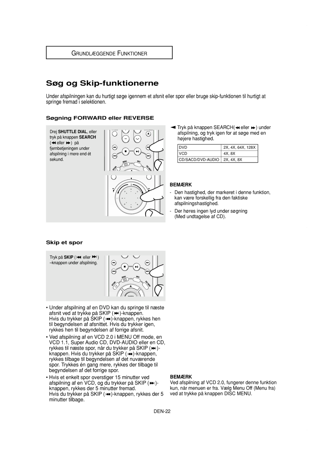 Samsung DVD-P650K/XEE manual Søg og Skip-funktionerne, Søgning Forward eller Reverse, Skip et spor 