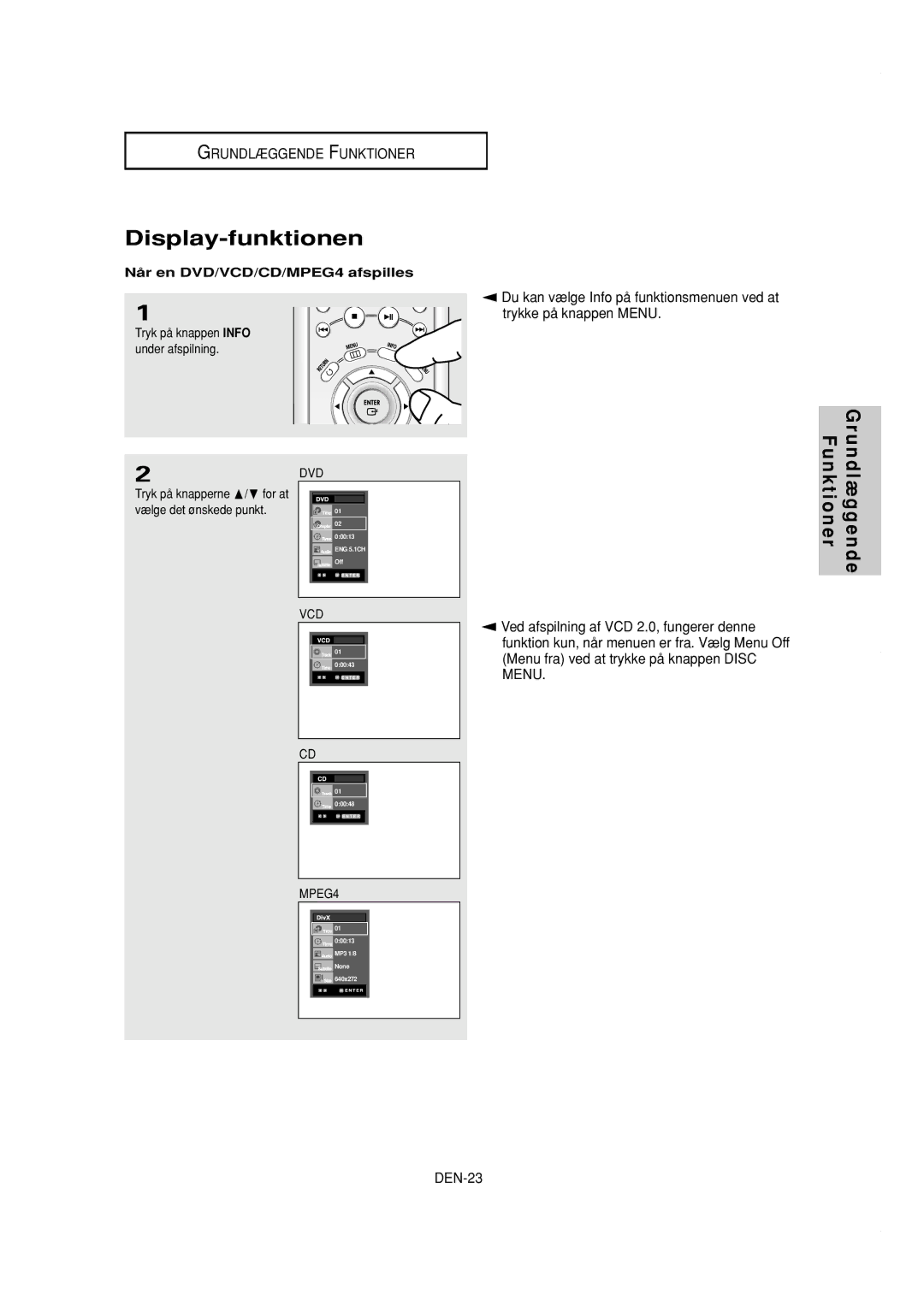 Samsung DVD-P650K/XEE manual Display-funktionen, Når en DVD/VCD/CD/MPEG4 afspilles, Vælge det ønskede punkt 