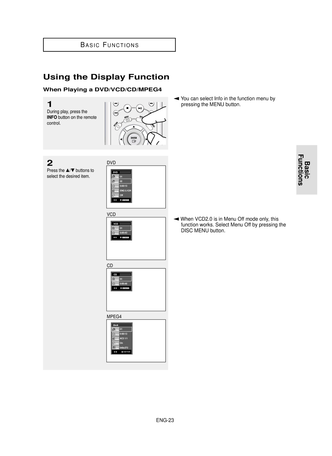 Samsung DVD-P650K/XEE manual Using the Display Function, When Playing a DVD/VCD/CD/MPEG4, ENG-23 