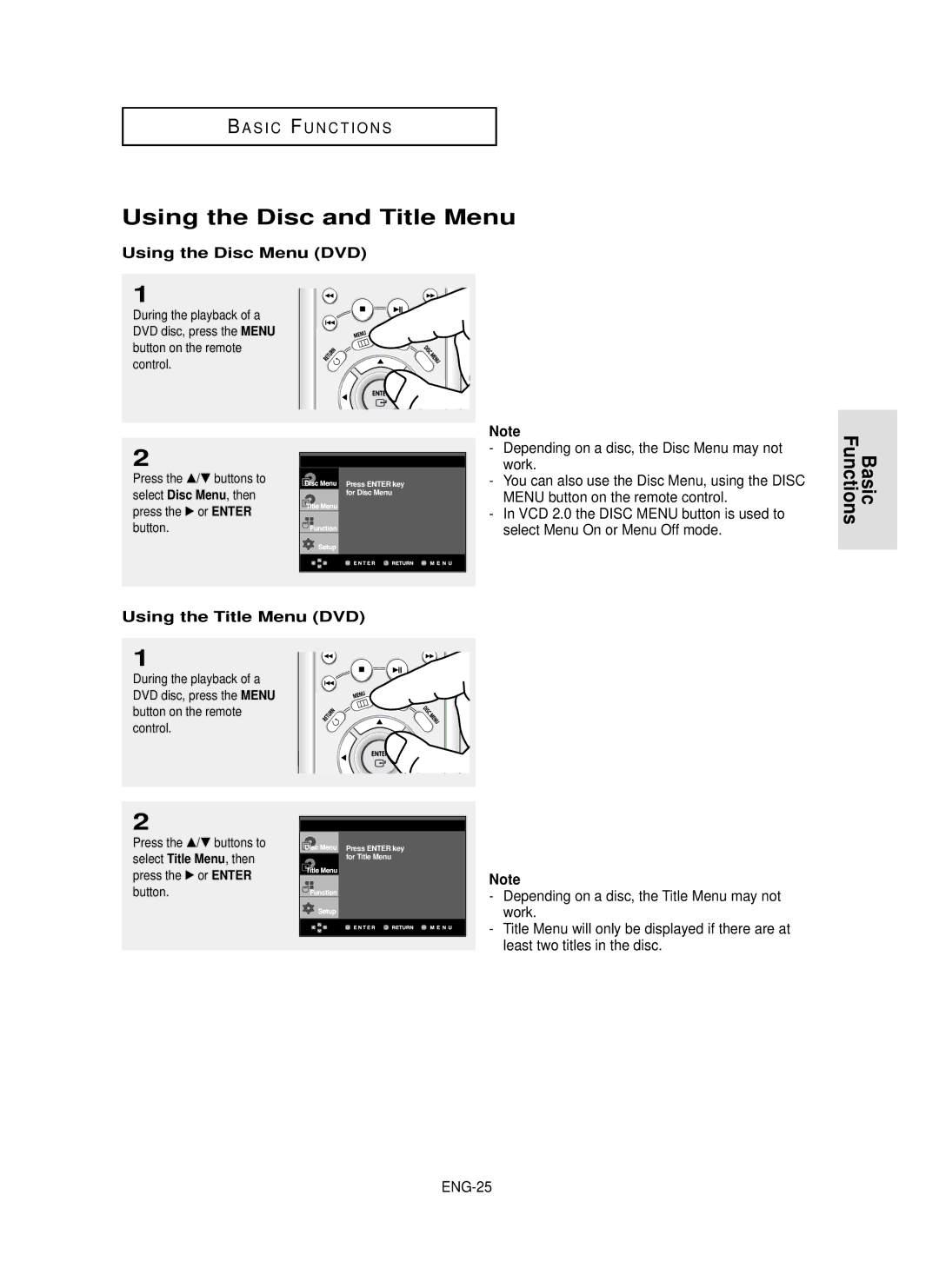 Samsung DVD-P650K/XEE manual Using the Disc and Title Menu, Using the Disc Menu DVD, Using the Title Menu DVD 