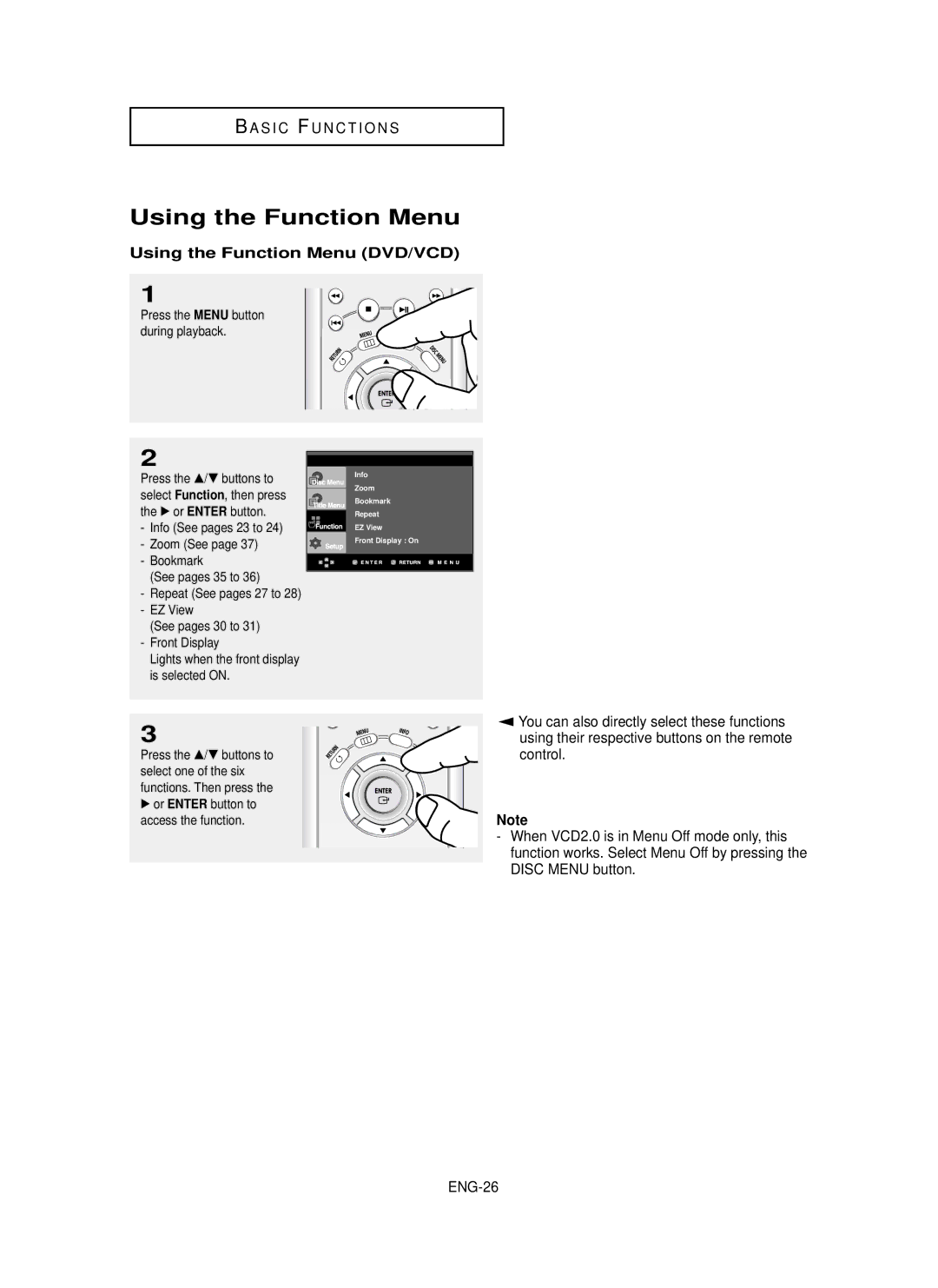 Samsung DVD-P650K/XEE manual Using the Function Menu DVD/VCD, Control, Disc Menu button ENG-26 