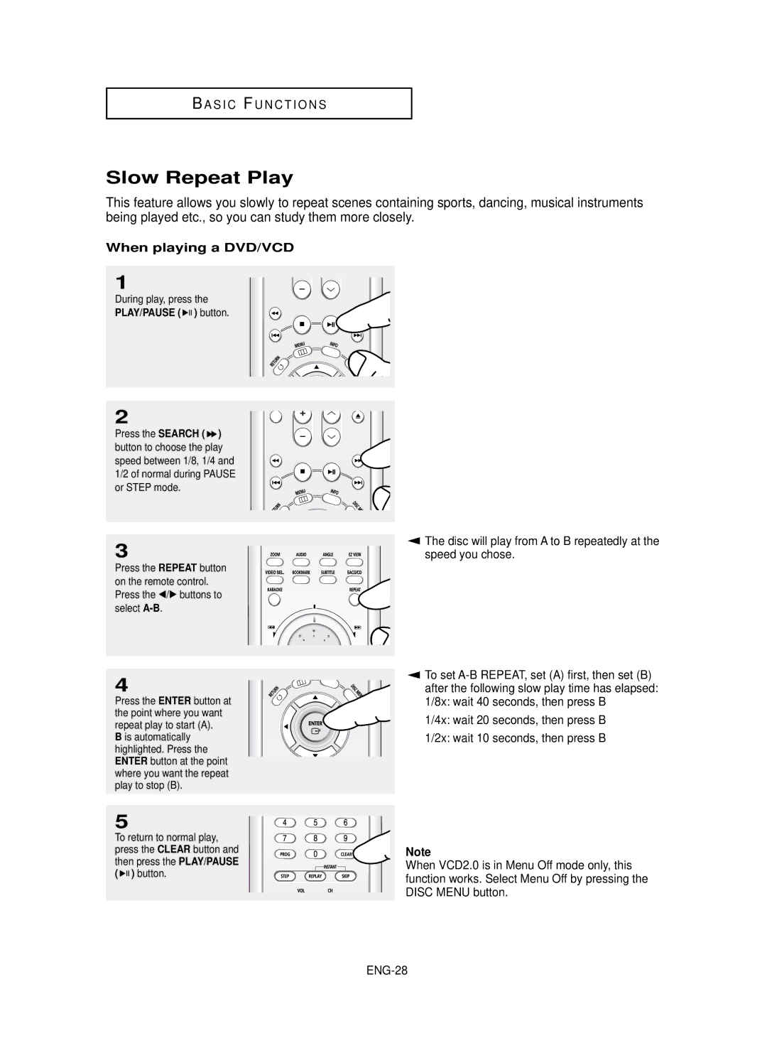 Samsung DVD-P650K/XEE manual Slow Repeat Play, When playing a DVD/VCD, ENG-28, During play, press, PLAY/PAUSE button 