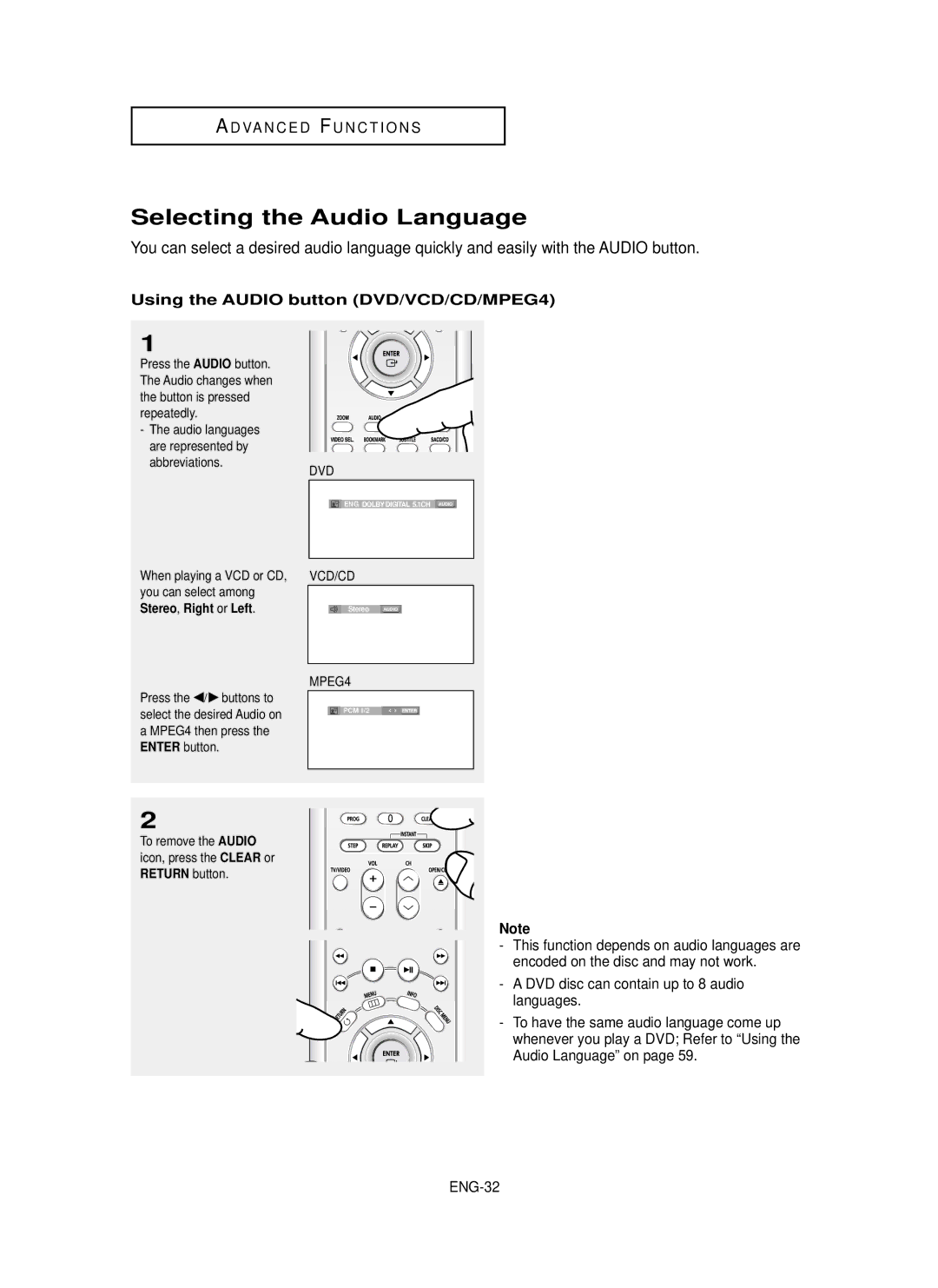 Samsung DVD-P650K/XEE manual Selecting the Audio Language, Using the Audio button DVD/VCD/CD/MPEG4, ENG-32 