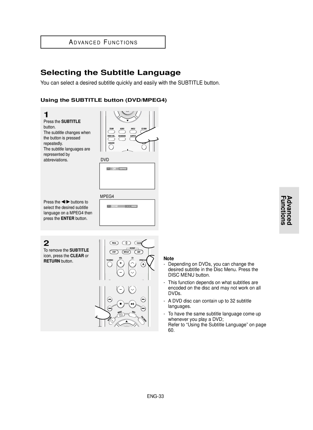 Samsung DVD-P650K/XEE manual Selecting the Subtitle Language, Using the Subtitle button DVD/MPEG4 