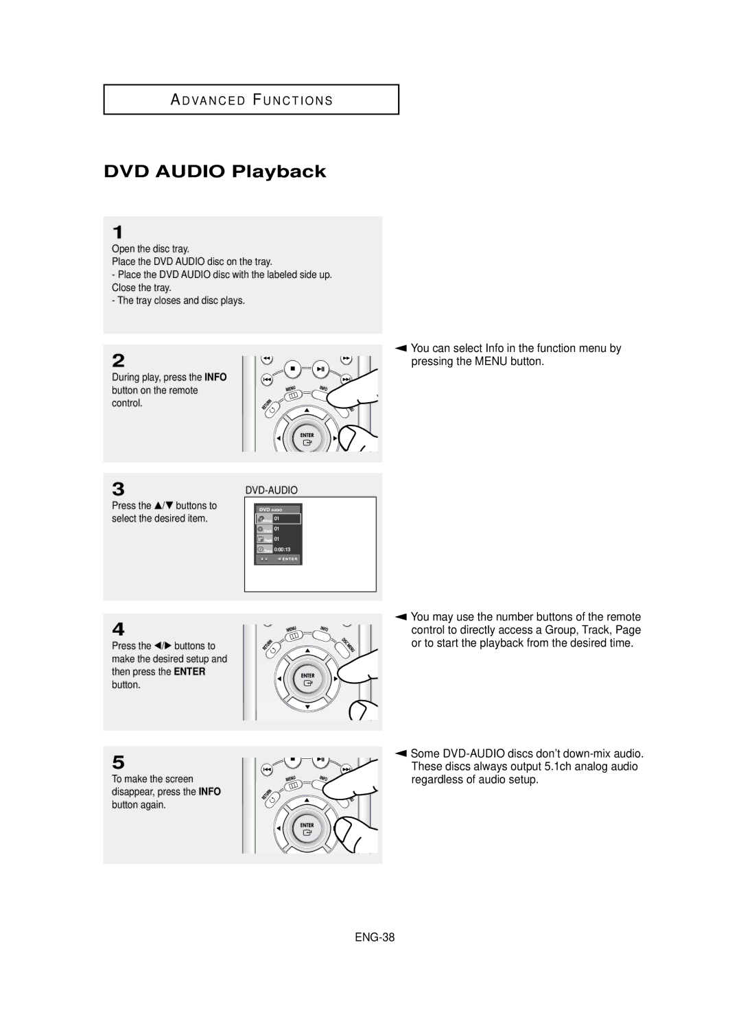 Samsung DVD-P650K/XEE manual DVD Audio Playback, ENG-38 