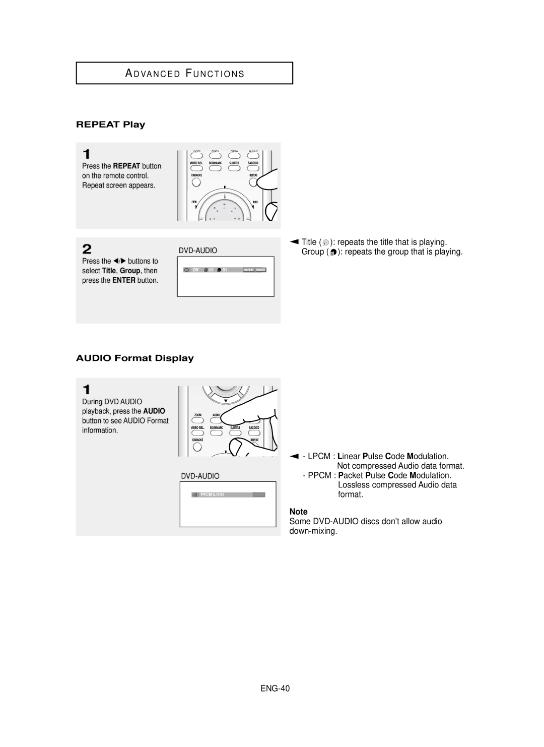 Samsung DVD-P650K/XEE manual Repeat Play, Audio Format Display, ENG-40, Title , Group , then 