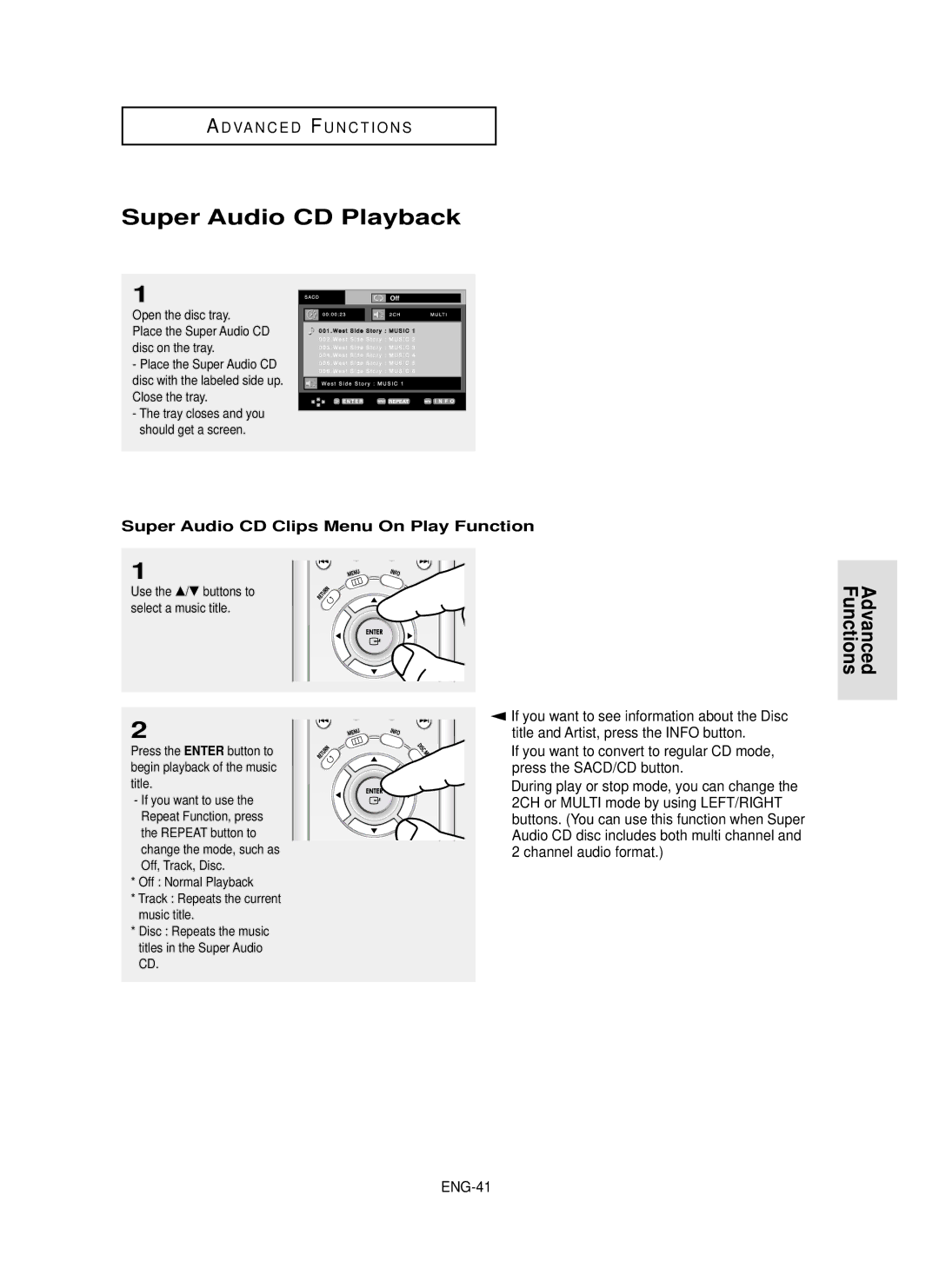 Samsung DVD-P650K/XEE manual Super Audio CD Playback, Super Audio CD Clips Menu On Play Function, Press the SACD/CD button 