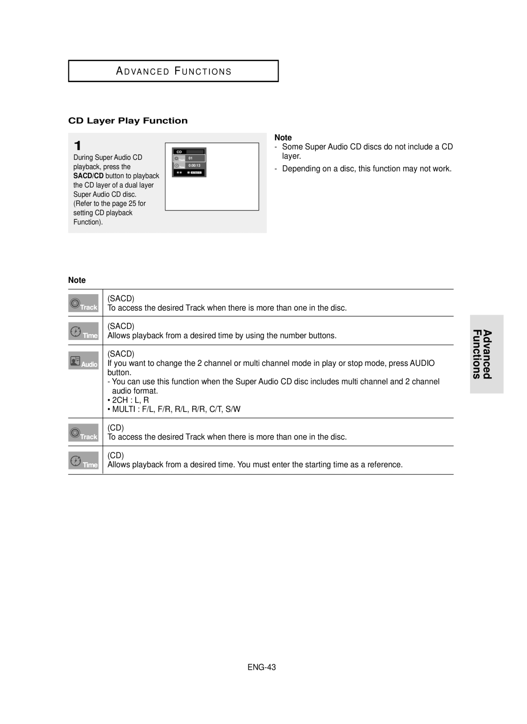 Samsung DVD-P650K/XEE manual CD Layer Play Function, Depending on a disc, this function may not work, ENG-43 