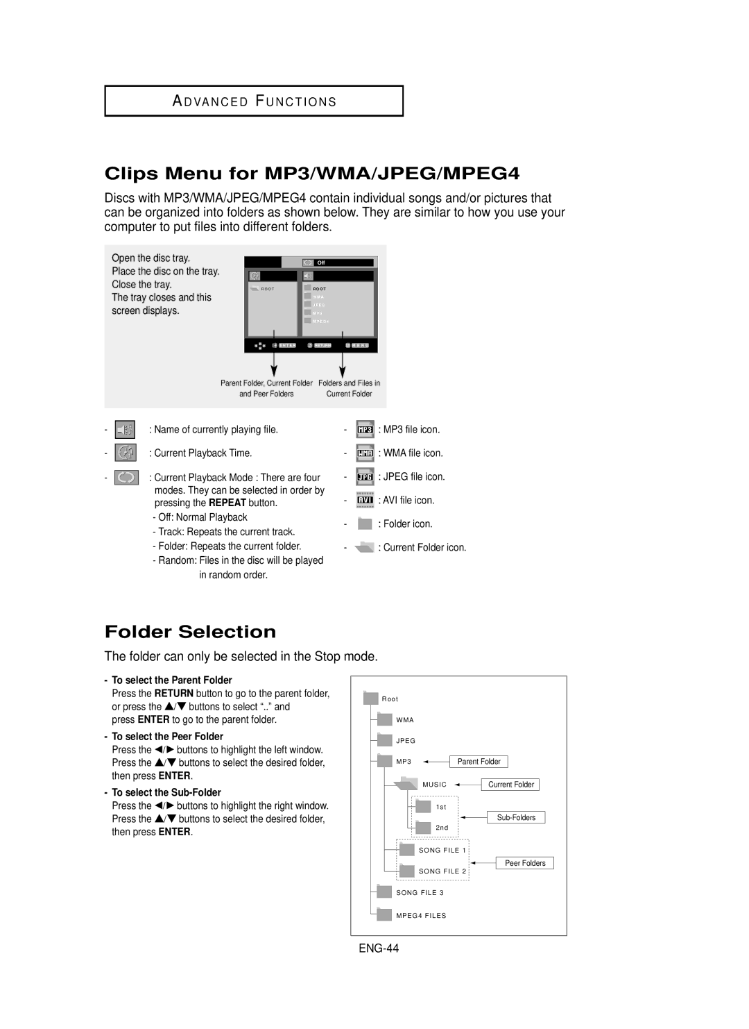 Samsung DVD-P650K/XEE manual Clips Menu for MP3/WMA/JPEG/MPEG4, Folder Selection, ENG-44 