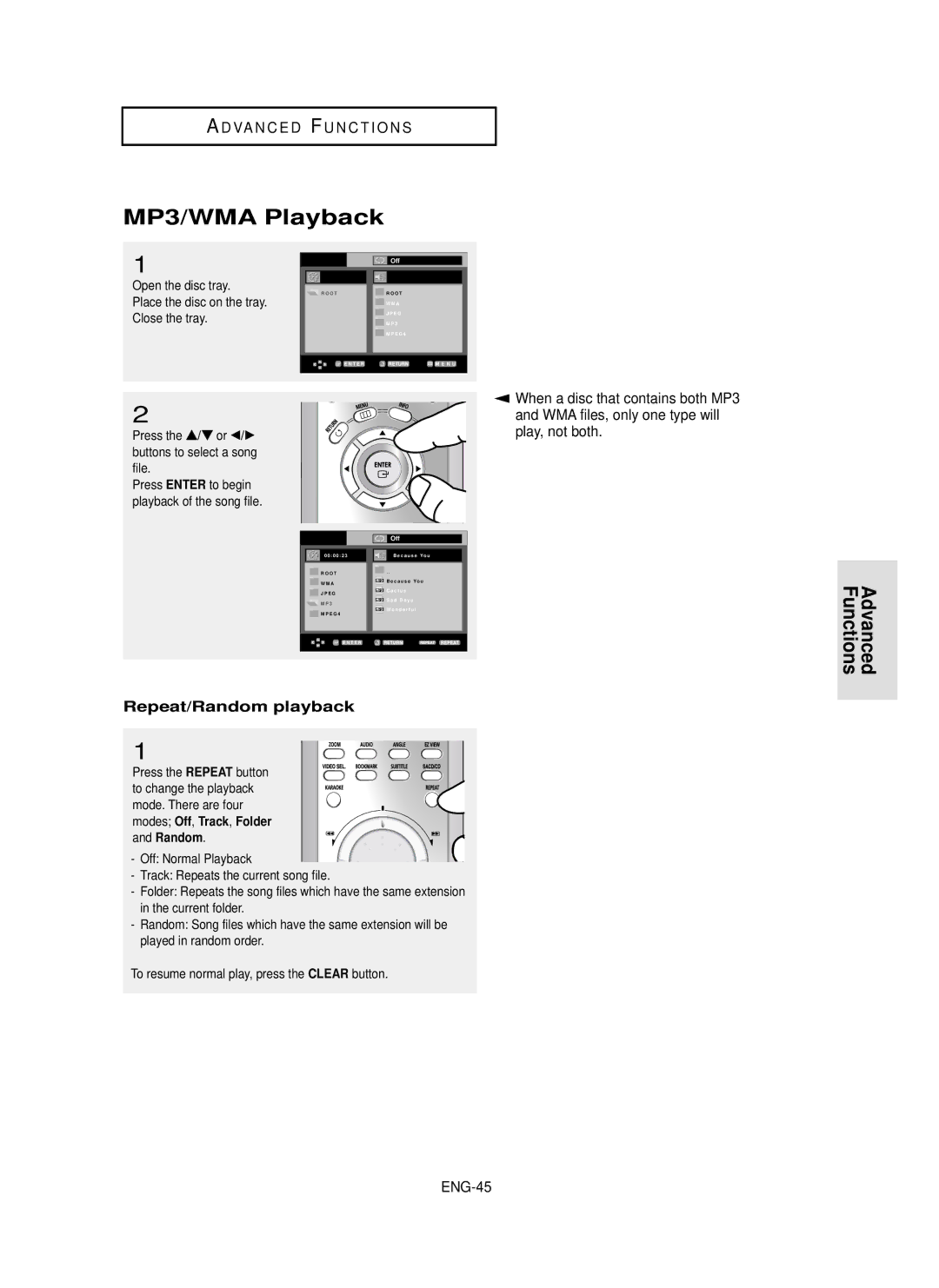 Samsung DVD-P650K/XEE manual MP3/WMA Playback, Repeat/Random playback, Play, not both, ENG-45, File 