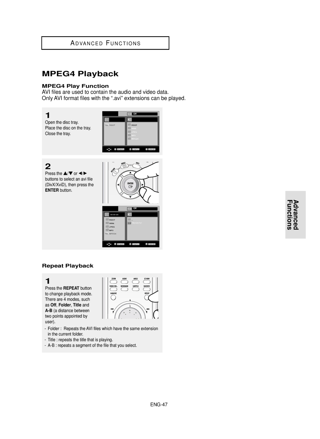 Samsung DVD-P650K/XEE manual MPEG4 Playback, MPEG4 Play Function, Repeat Playback, ENG-47, There are 4 modes, such 