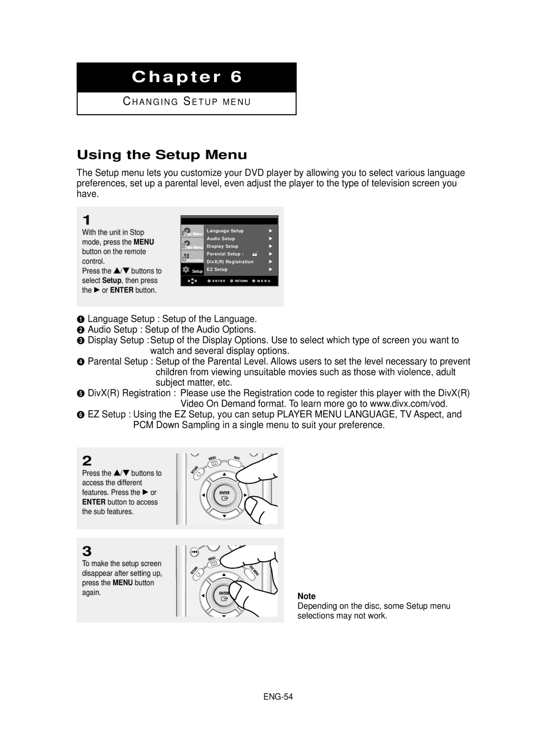 Samsung DVD-P650K/XEE manual Using the Setup Menu, ENG-54, Sub features, Mode, press, Access the different Features. Press 