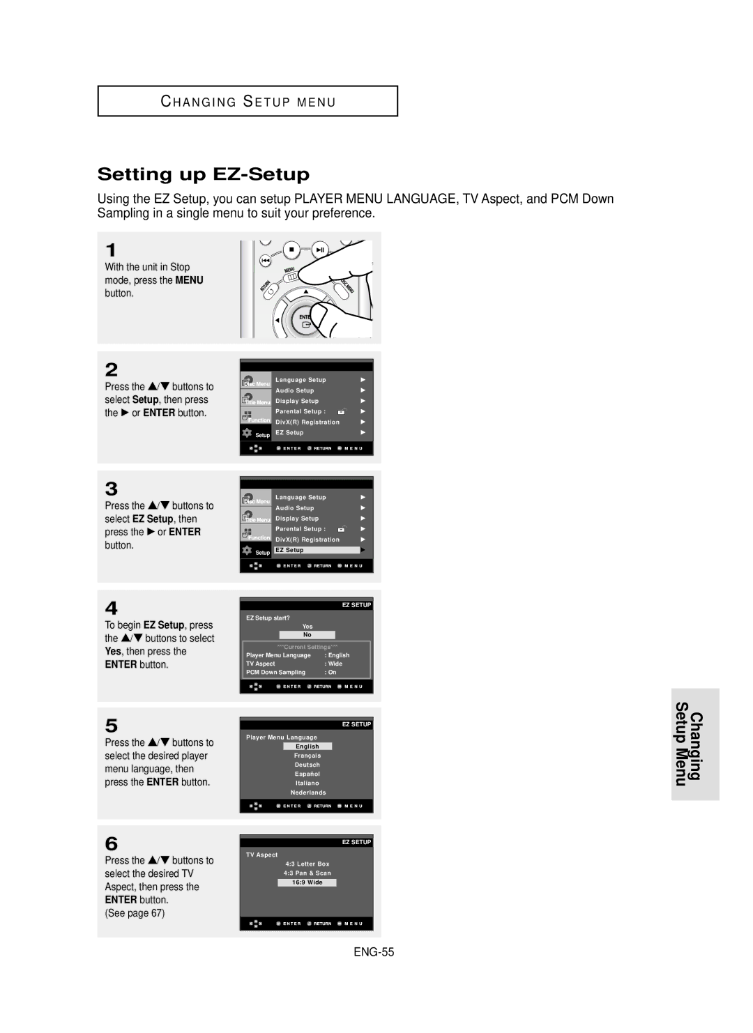 Samsung DVD-P650K/XEE manual Setting up EZ-Setup, ENG-55, Press the …/† buttons to select the desired TV 