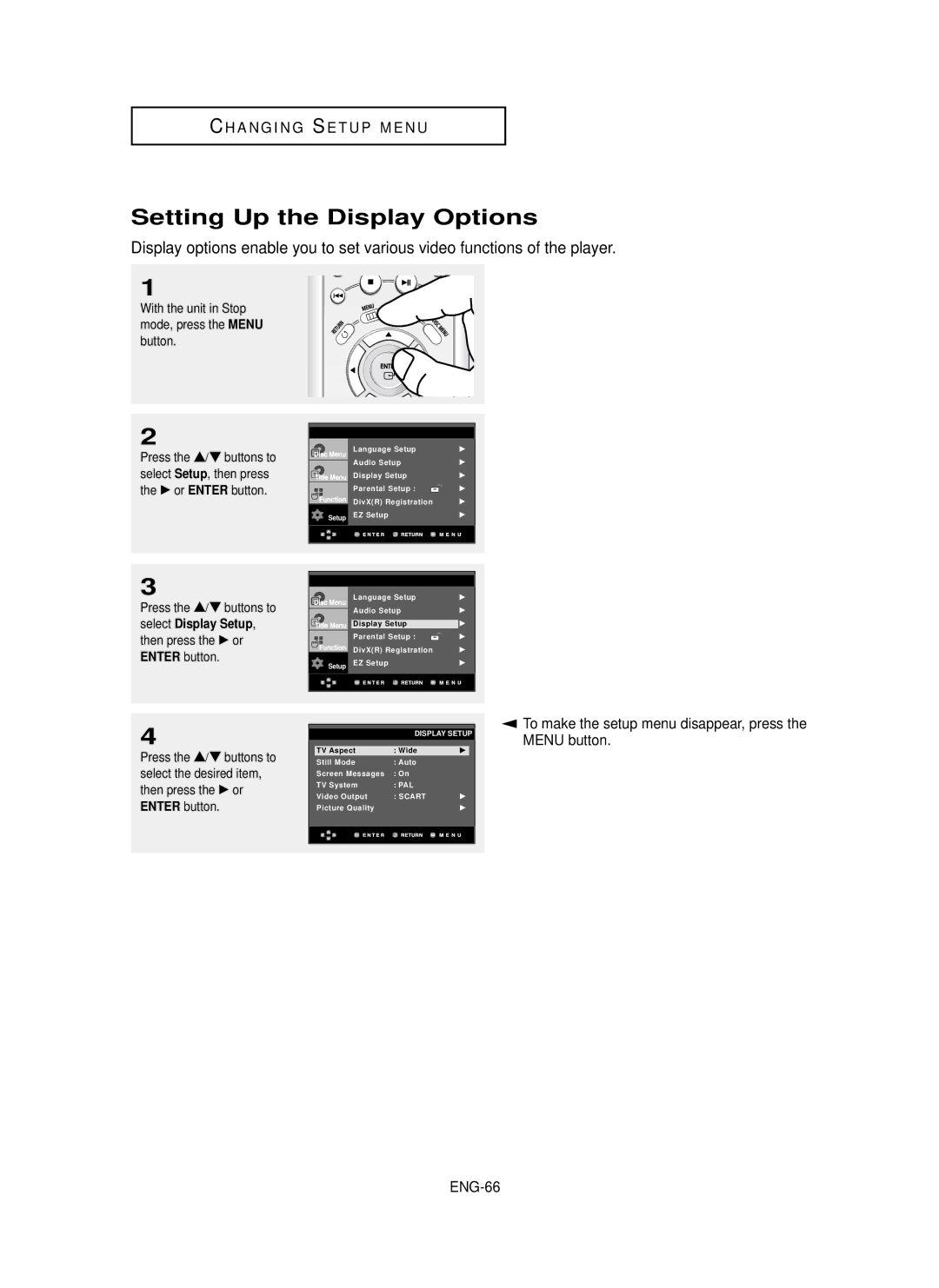 Samsung DVD-P650K/XEE manual Setting Up the Display Options, ENG-66 