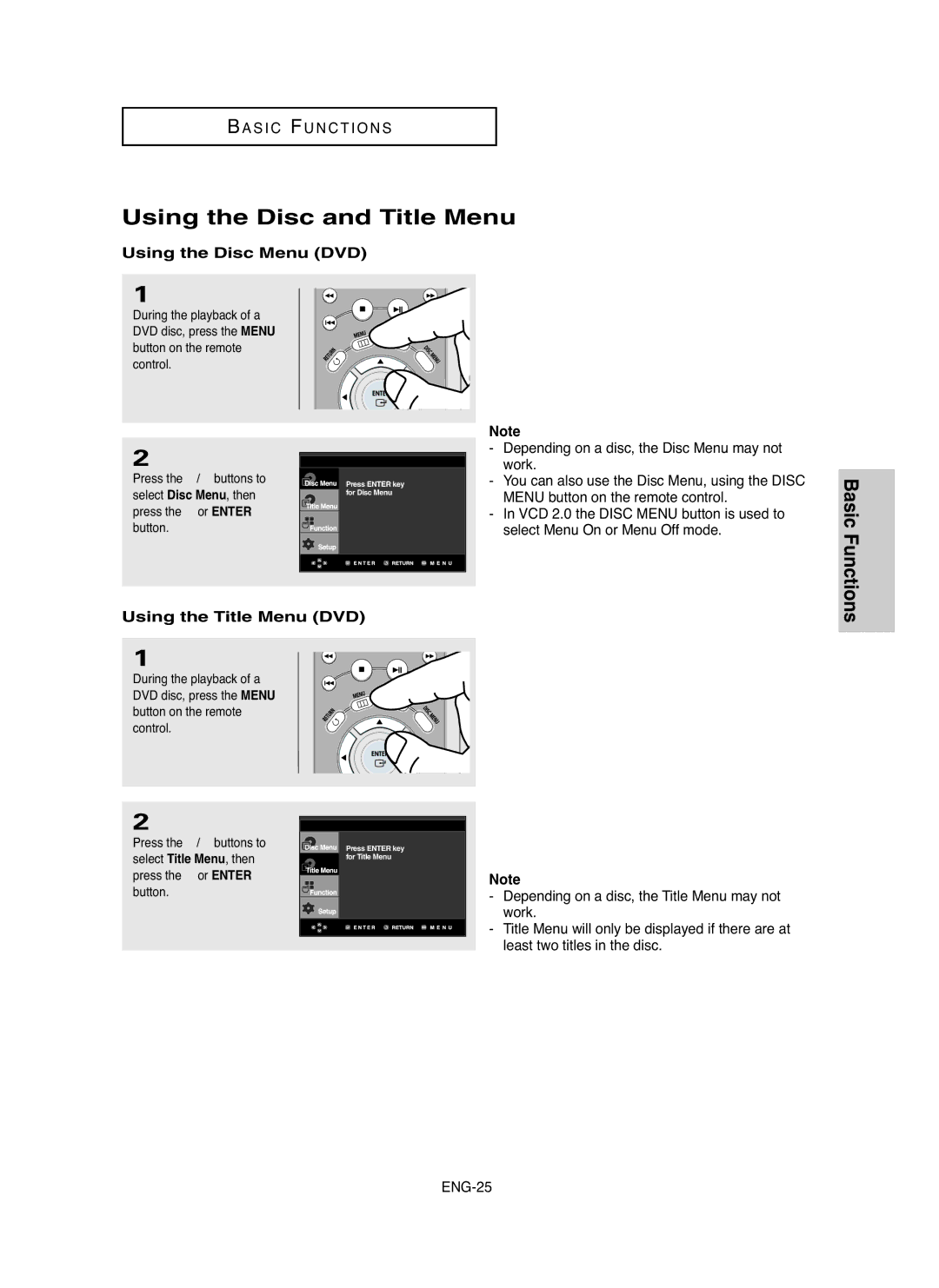 Samsung DVD-P750/SED Using the Disc and Title Menu, Basic Functions, Using the Disc Menu DVD, Using the Title Menu DVD 