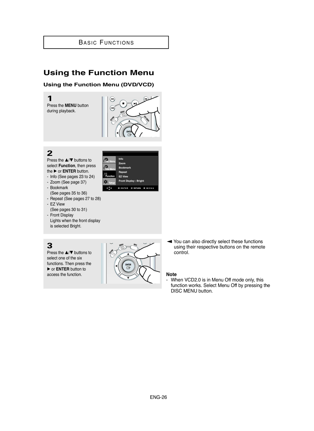 Samsung DVD-P750/XEL, DVD-P750/SED manual Using the Function Menu DVD/VCD 