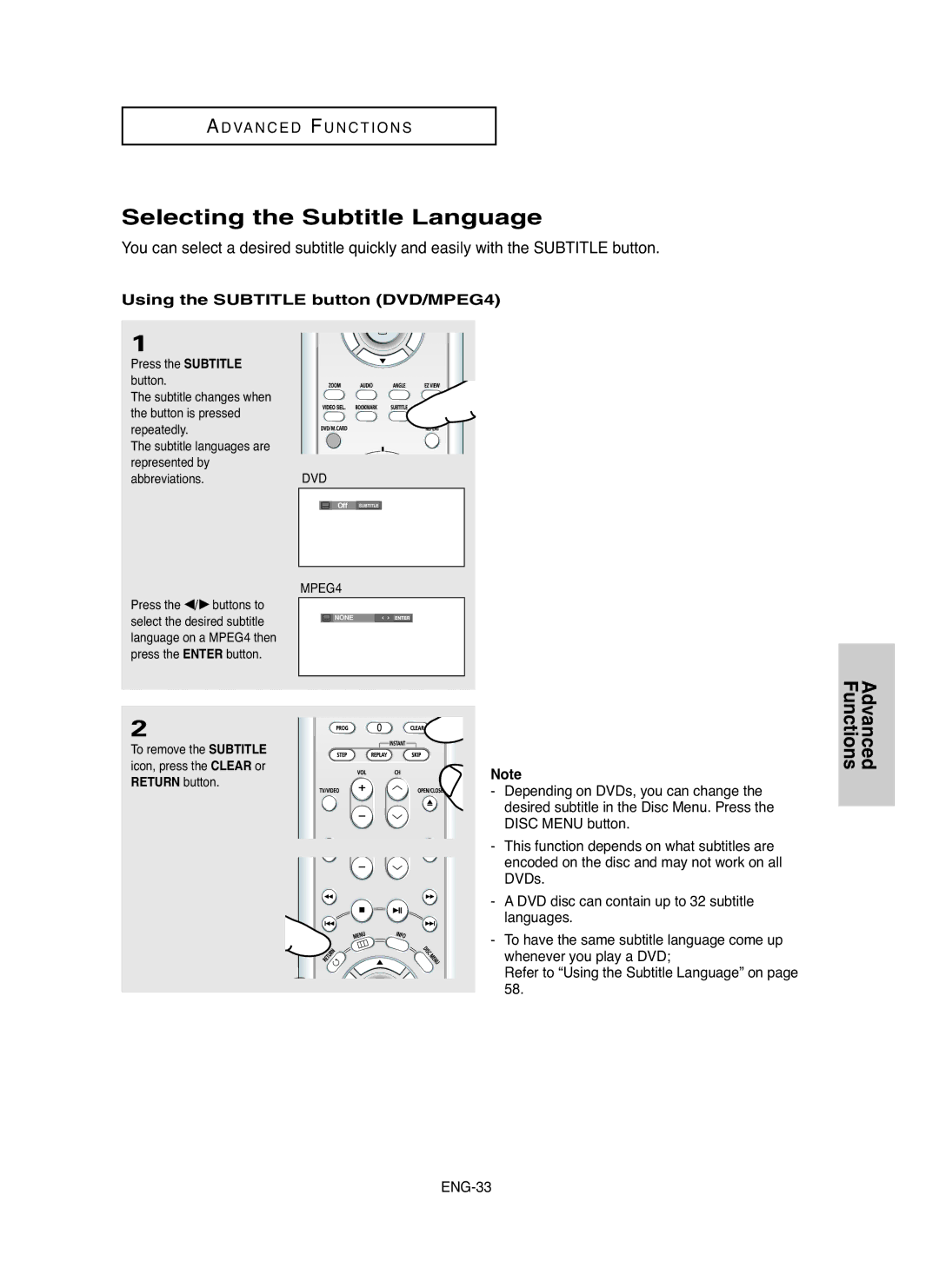 Samsung DVD-P750/SED, DVD-P750/XEL manual Selecting the Subtitle Language, Using the Subtitle button DVD/MPEG4 