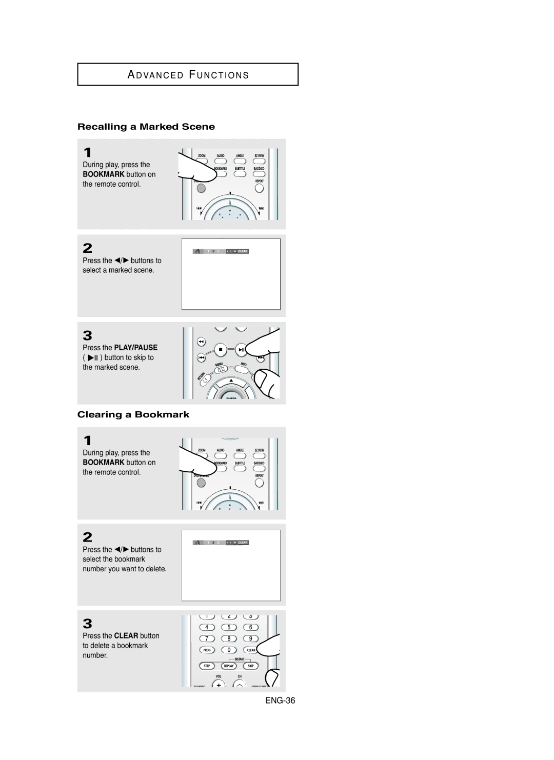 Samsung DVD-P750/XEL, DVD-P750/SED manual Recalling a Marked Scene, Clearing a Bookmark, Bookmark button on 