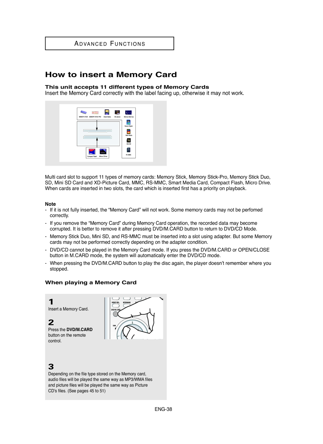 Samsung DVD-P750/XEL, DVD-P750/SED manual How to insert a Memory Card, This unit accepts 11 different types of Memory Cards 