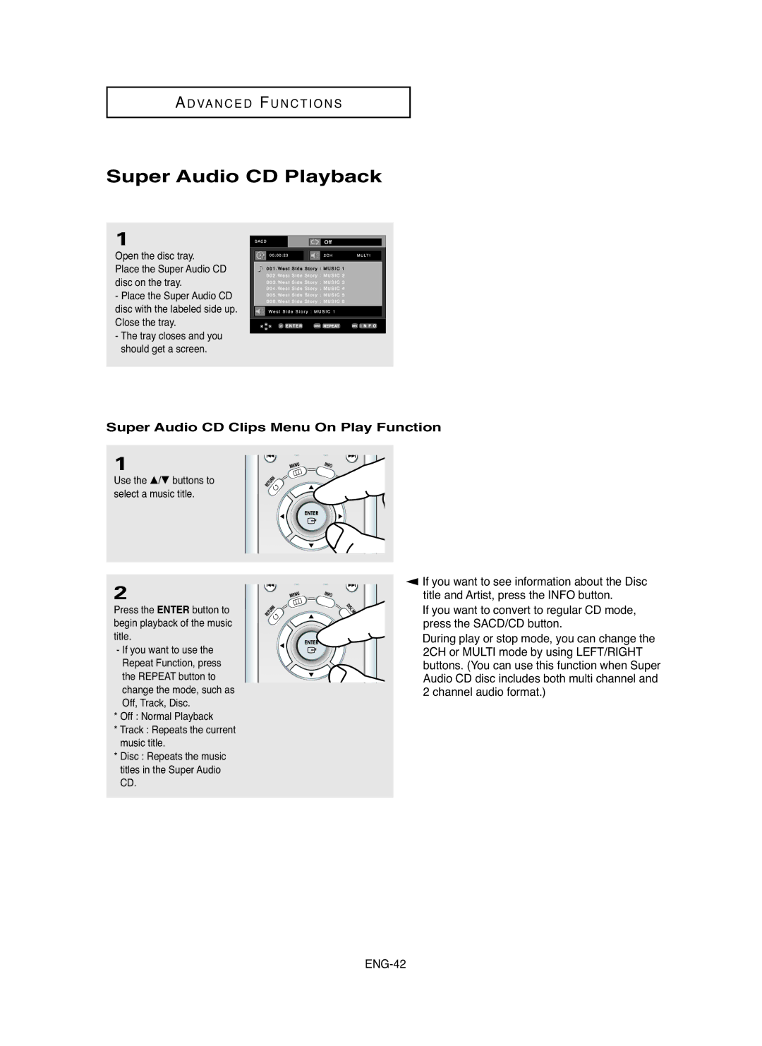 Samsung DVD-P750/XEL, DVD-P750/SED manual Super Audio CD Playback, Super Audio CD Clips Menu On Play Function 