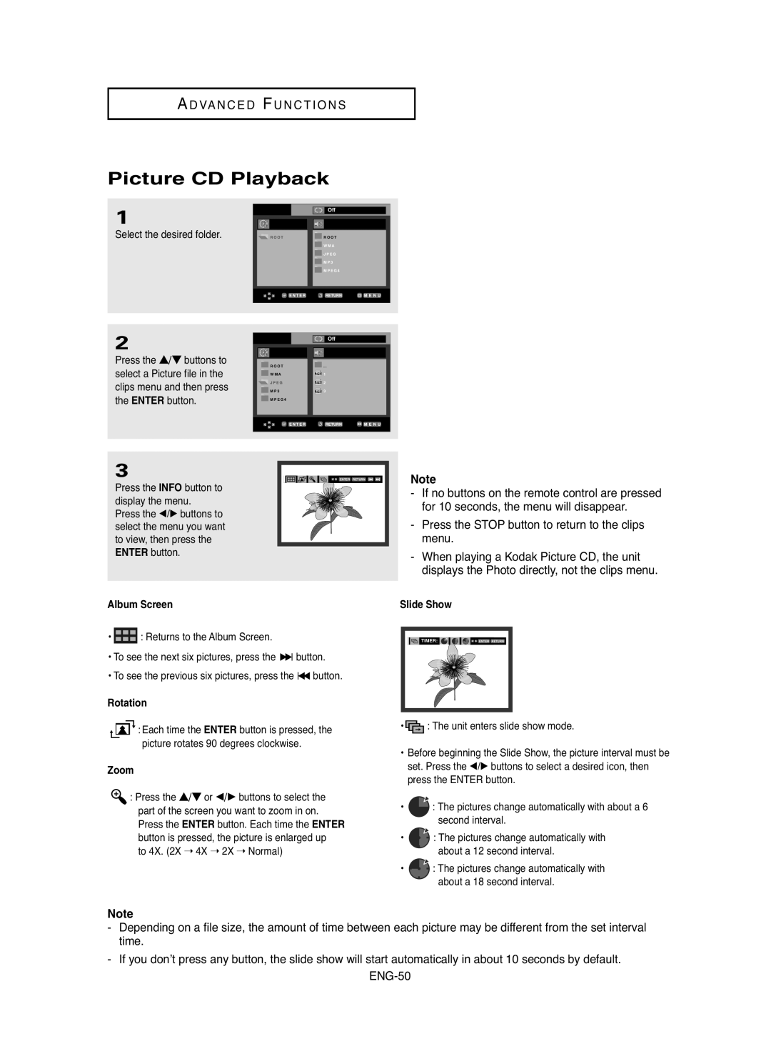 Samsung DVD-P750/XEL, DVD-P750/SED manual Picture CD Playback, Album Screen, Rotation, Zoom, Slide Show 