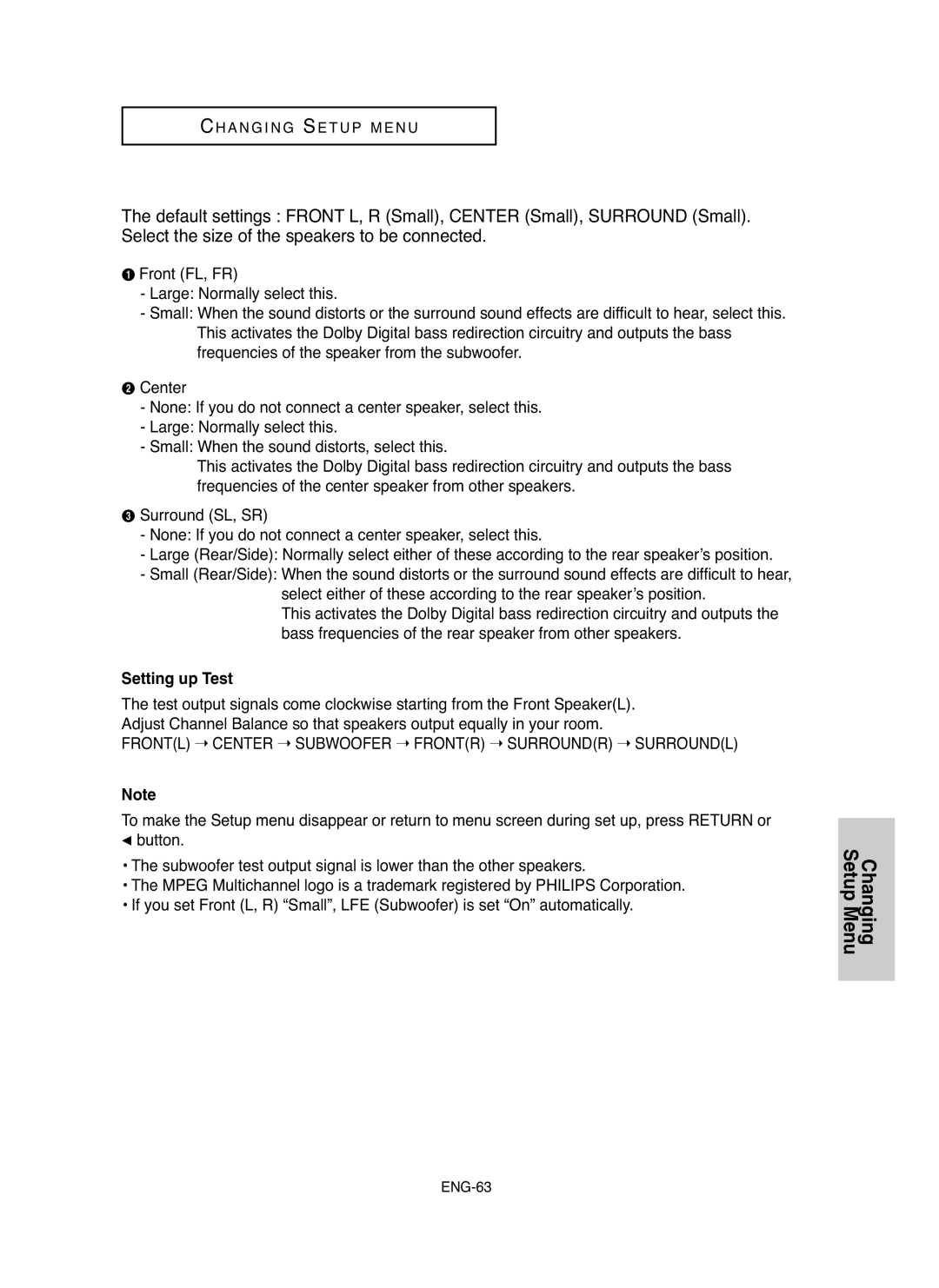 Samsung DVD-P750/SED, DVD-P750/XEL manual Setting up Test, Frontl Center Subwoofer Frontr Surroundr Surroundl 