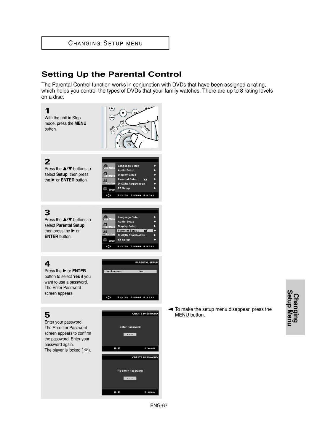 Samsung DVD-P750/SED, DVD-P750/XEL manual Setting Up the Parental Control, Player is locked 