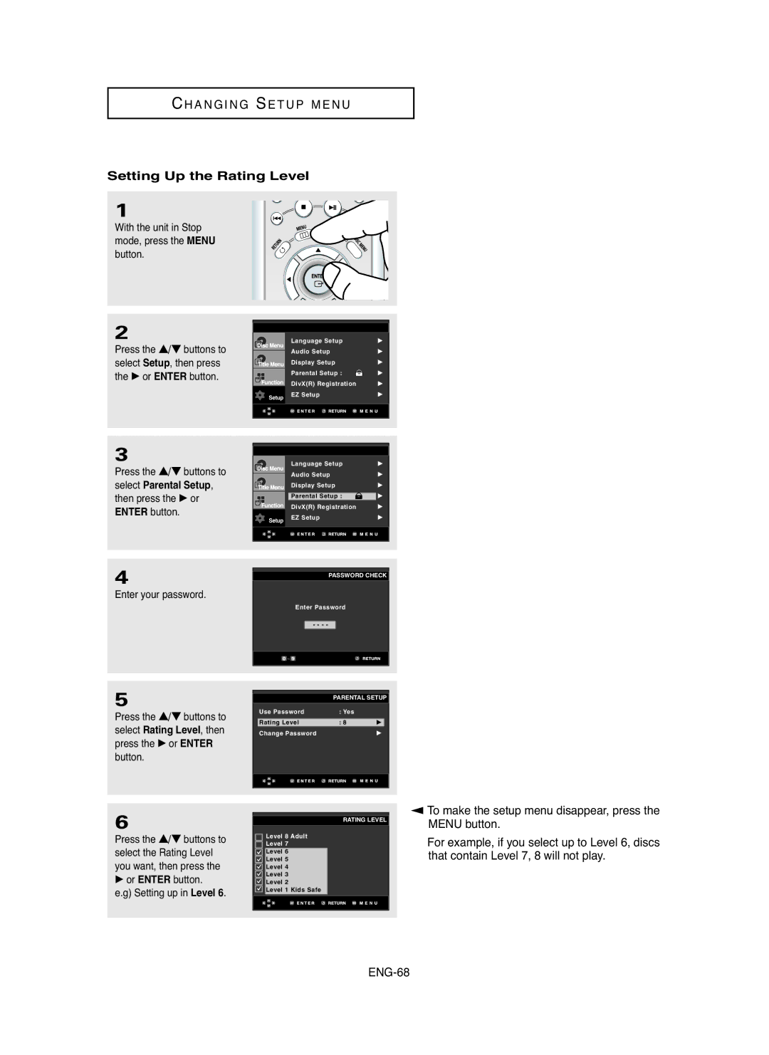 Samsung DVD-P750/XEL, DVD-P750/SED manual Setting Up the Rating Level 