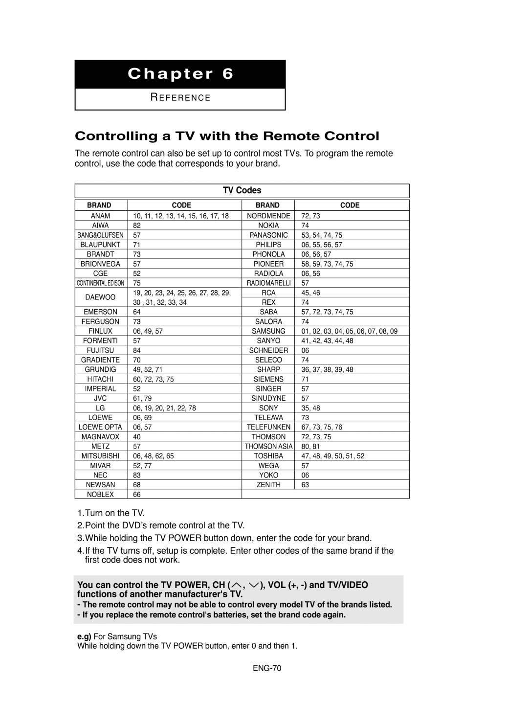 Samsung DVD-P750/XEL, DVD-P750/SED manual Controlling a TV with the Remote Control, TV Codes 