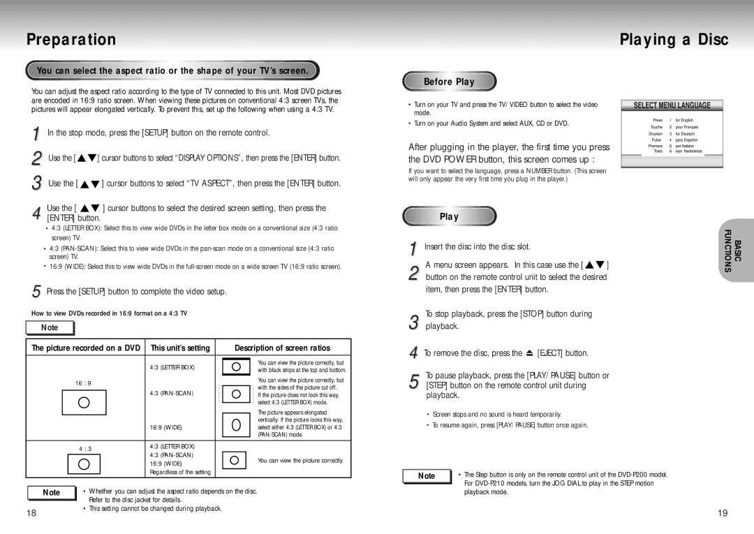 Samsung DVD Playe manual Preparation, Playing a Disc 