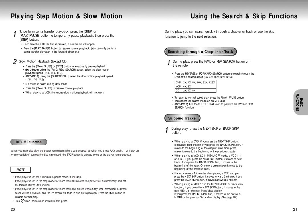 Samsung DVD Playe Playing Step Motion & Slow Motion, Using the Search & Skip Functions, Slow Motion Playback Except CD 