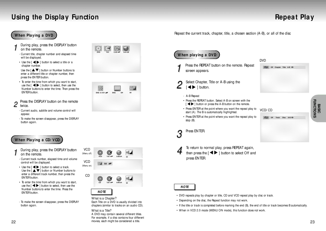 Samsung DVD Playe manual Using the Display Function, Repeat Play, When Playing a DVD 