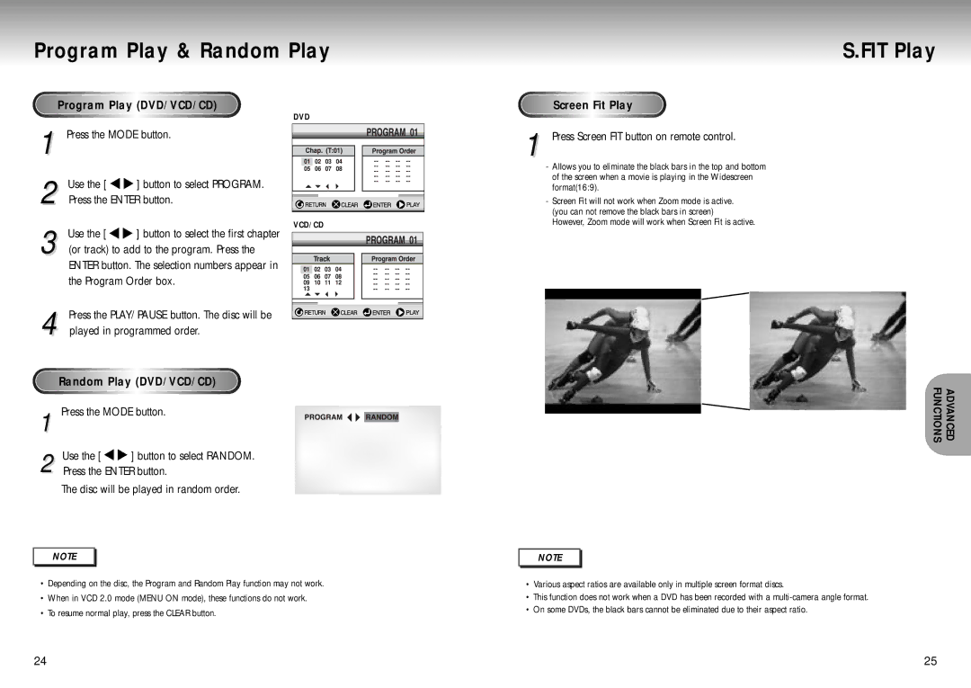 Samsung DVD Playe Program Play & Random Play FIT Play, Program Play DVD/VCD/CD, Screen Fit Play, Random Play DVD/VCD/CD 