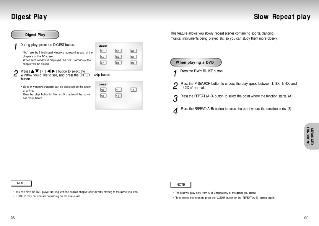 Samsung DVD Playe manual Digest Play, Slow Repeat play, Diges t Play, During play, press the Digest button 