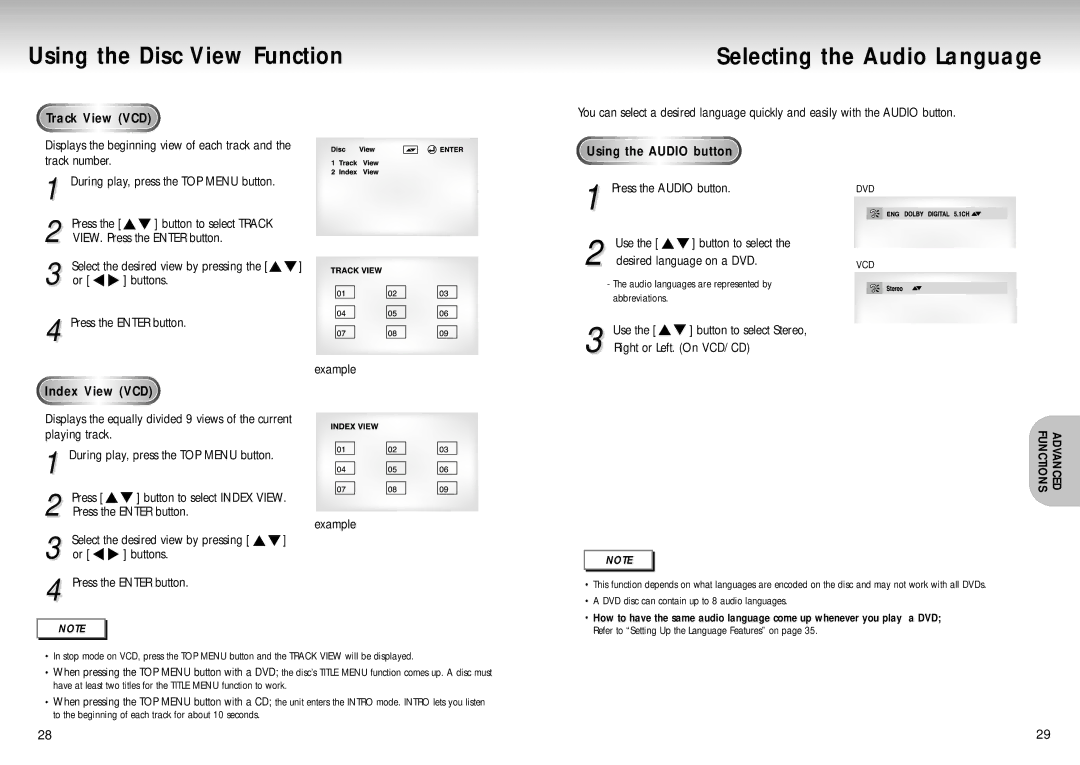 Samsung DVD Playe manual Using the Disc View Function, Selecting the Audio Language, Track View VCD, Index View VCD, Sing 