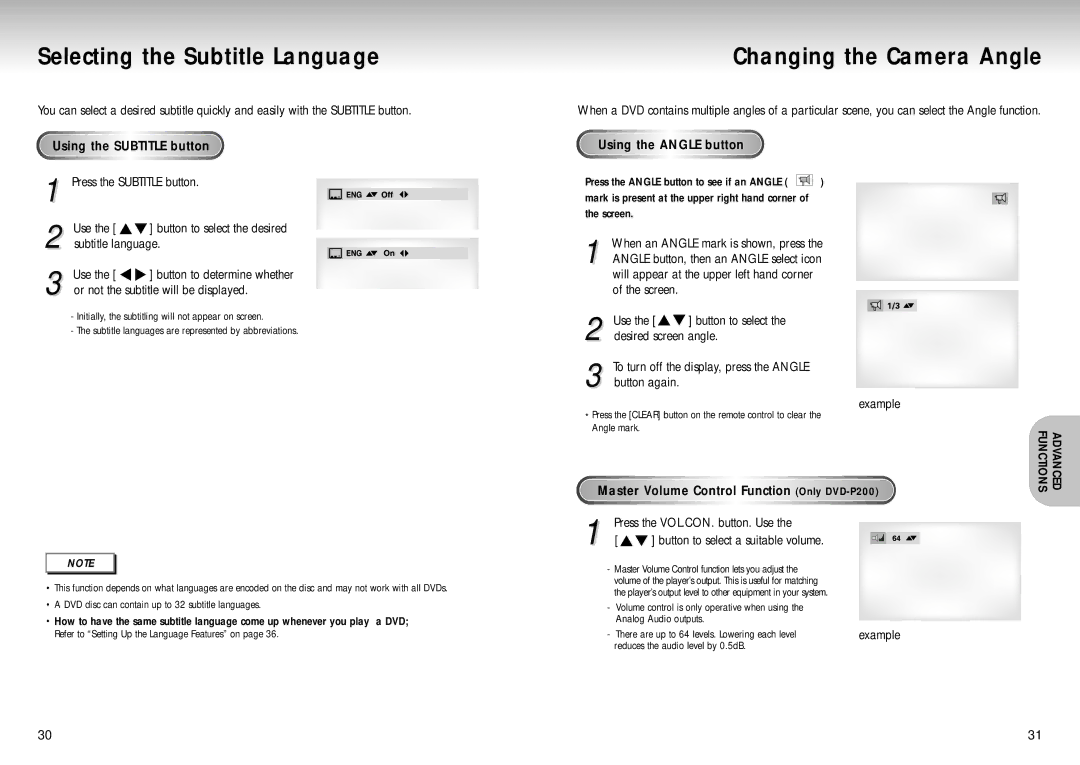 Samsung DVD Playe manual Selecting the Subtitle Language, Changing the Camera Angle, Using the Subtitle button 