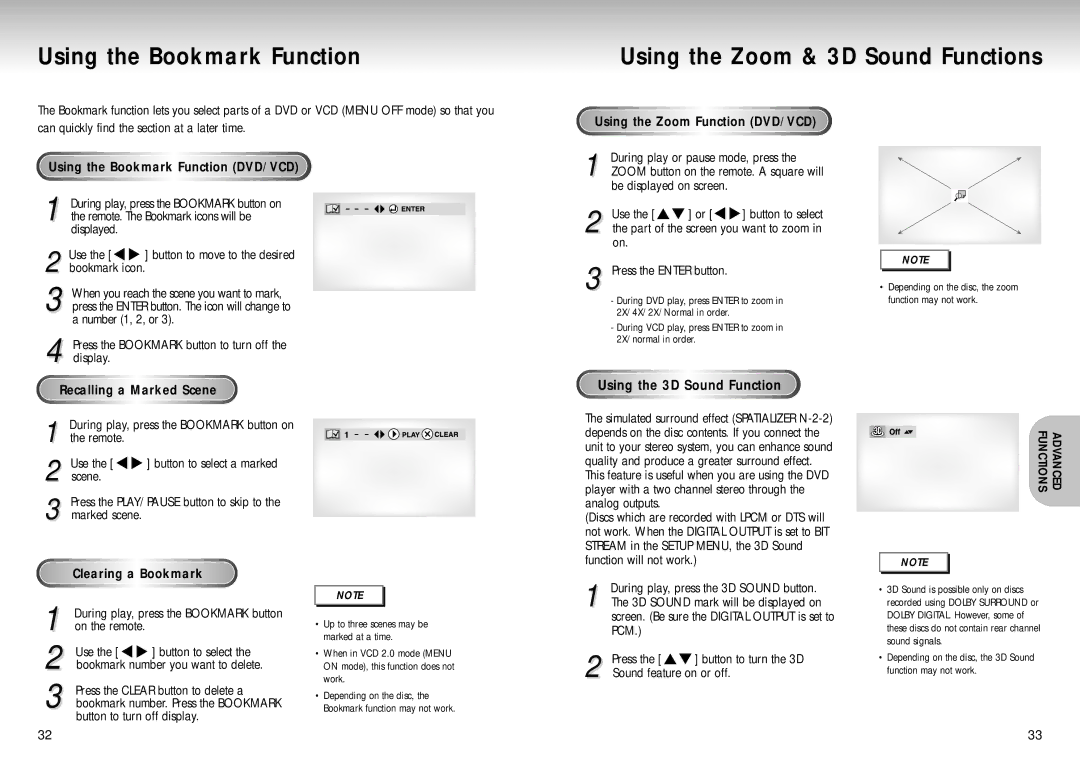 Samsung DVD Playe manual Using the Bookmark Function DVD/VCD, Using the Zoom Function DVD/VCD, Recalling a Marked Scene 